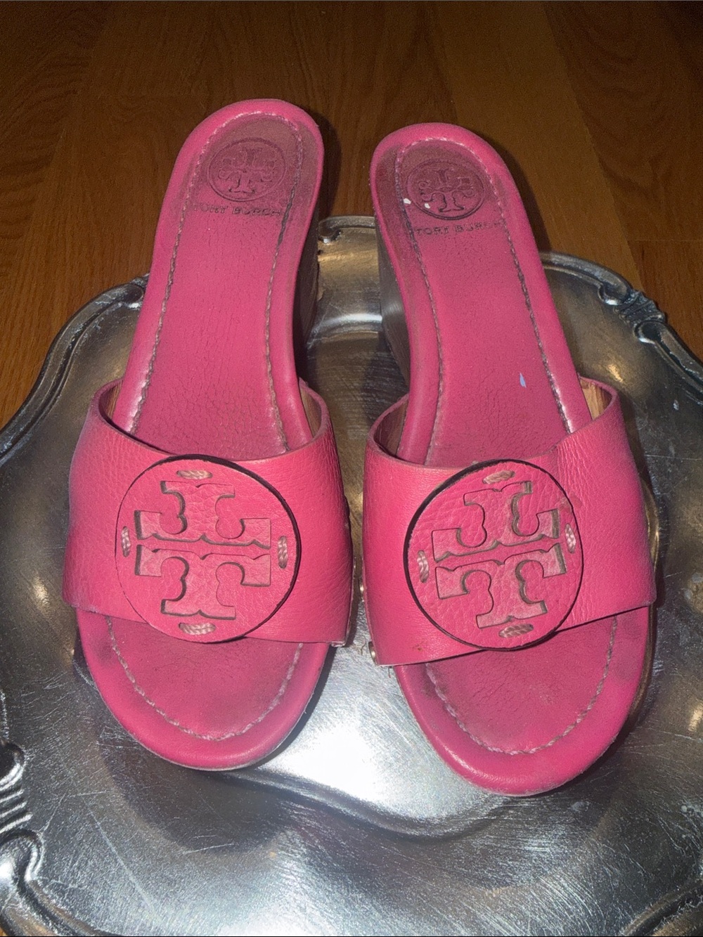 Tory Burch Hot Pink Logo Slide Mules